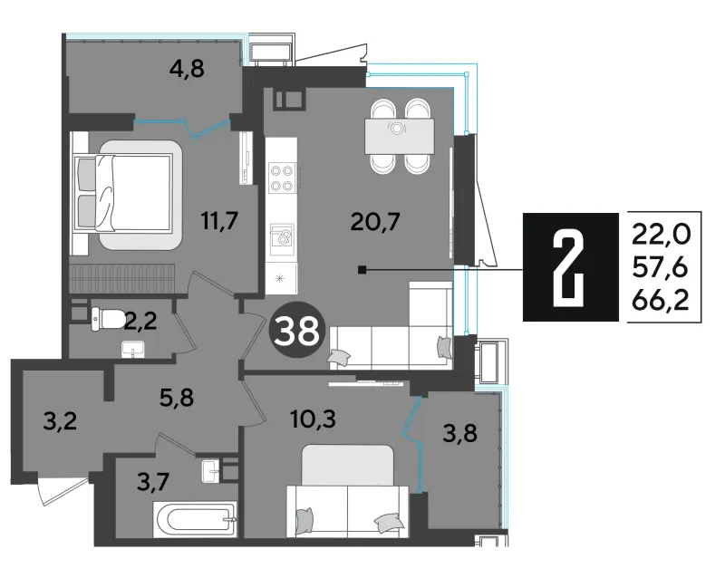 2-комн. 66.5 м²