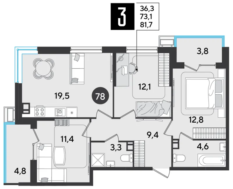 3-комн. 81.7 м²