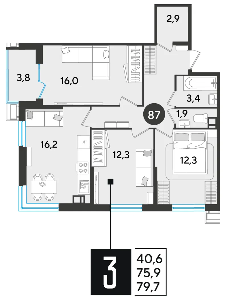 3-комн. 79.7 м²