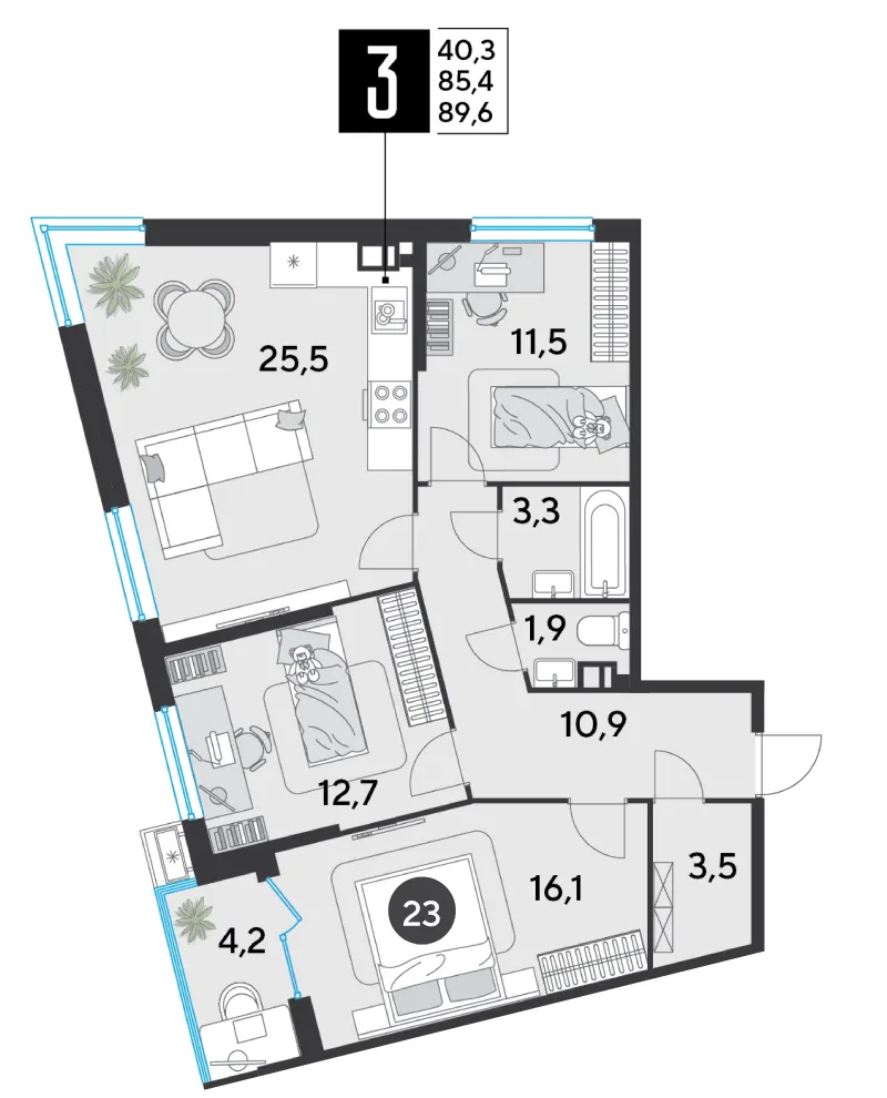 3-комн. 89.6 м²