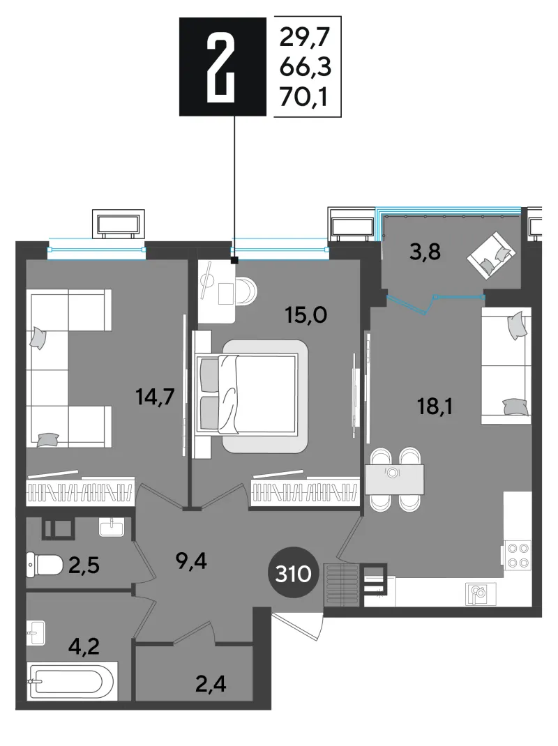 2-комн. 70.9 м²