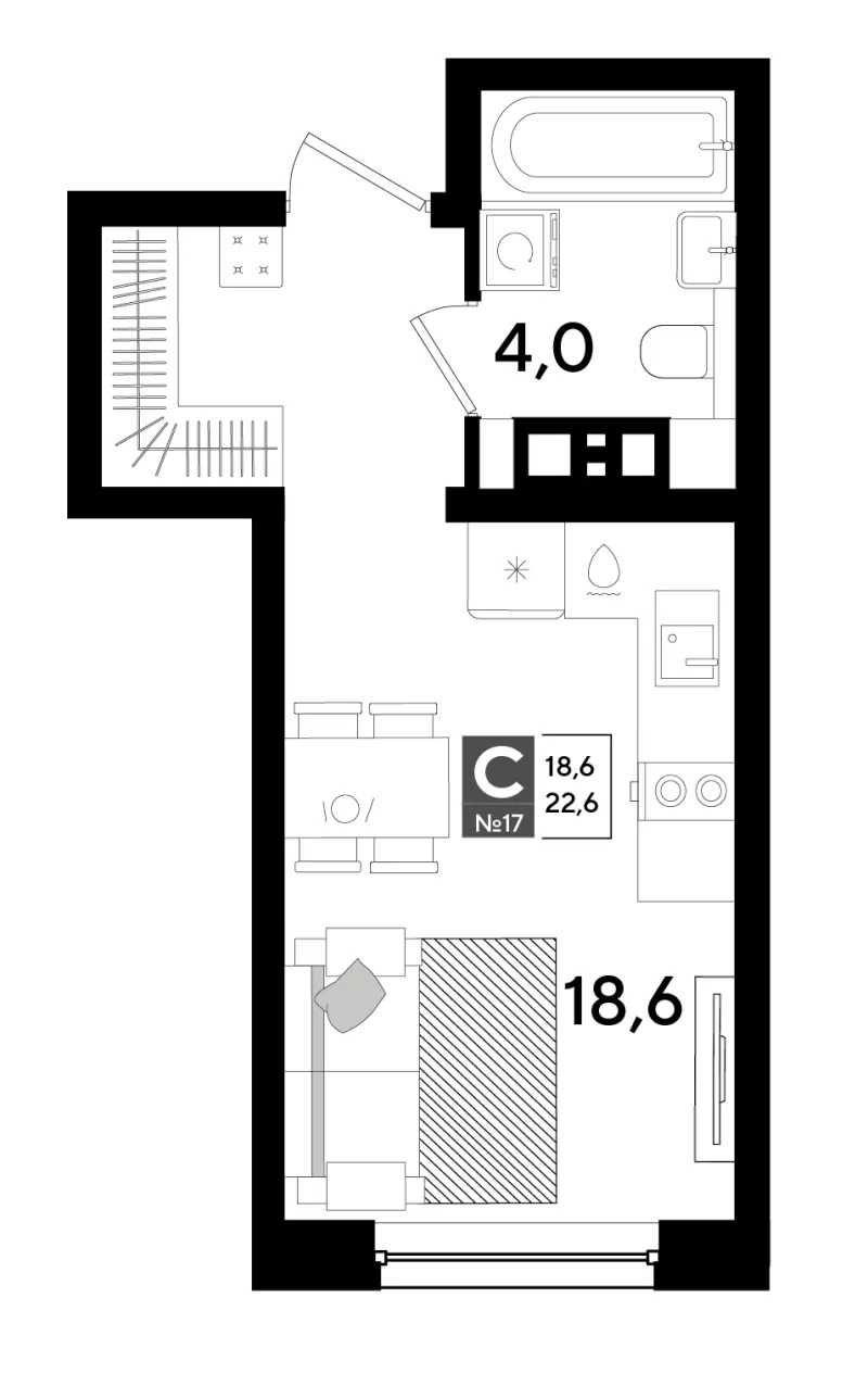 Студия 22.6 м²