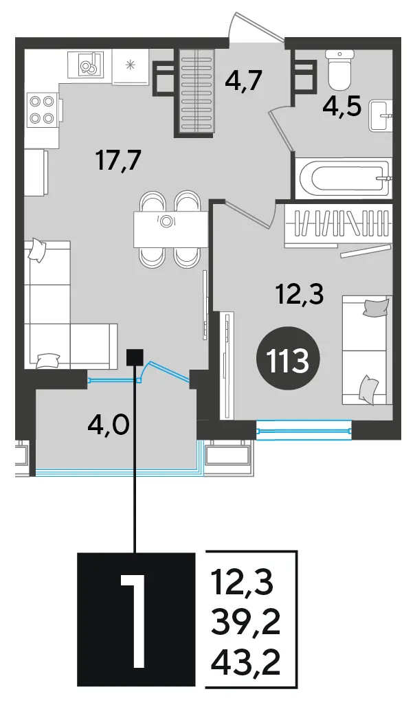 1-комн. 43.2 м²