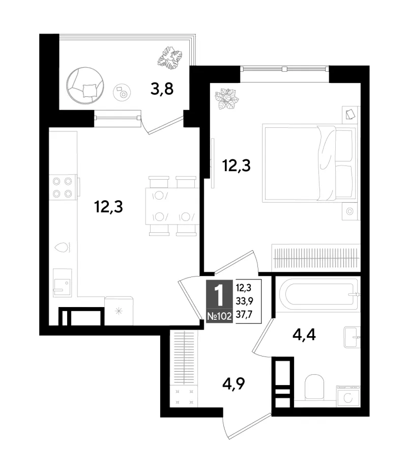 1-комн. 37.7 м²