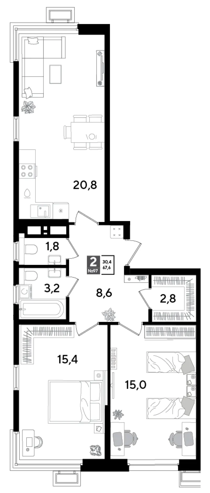2-комн. 67.6 м²