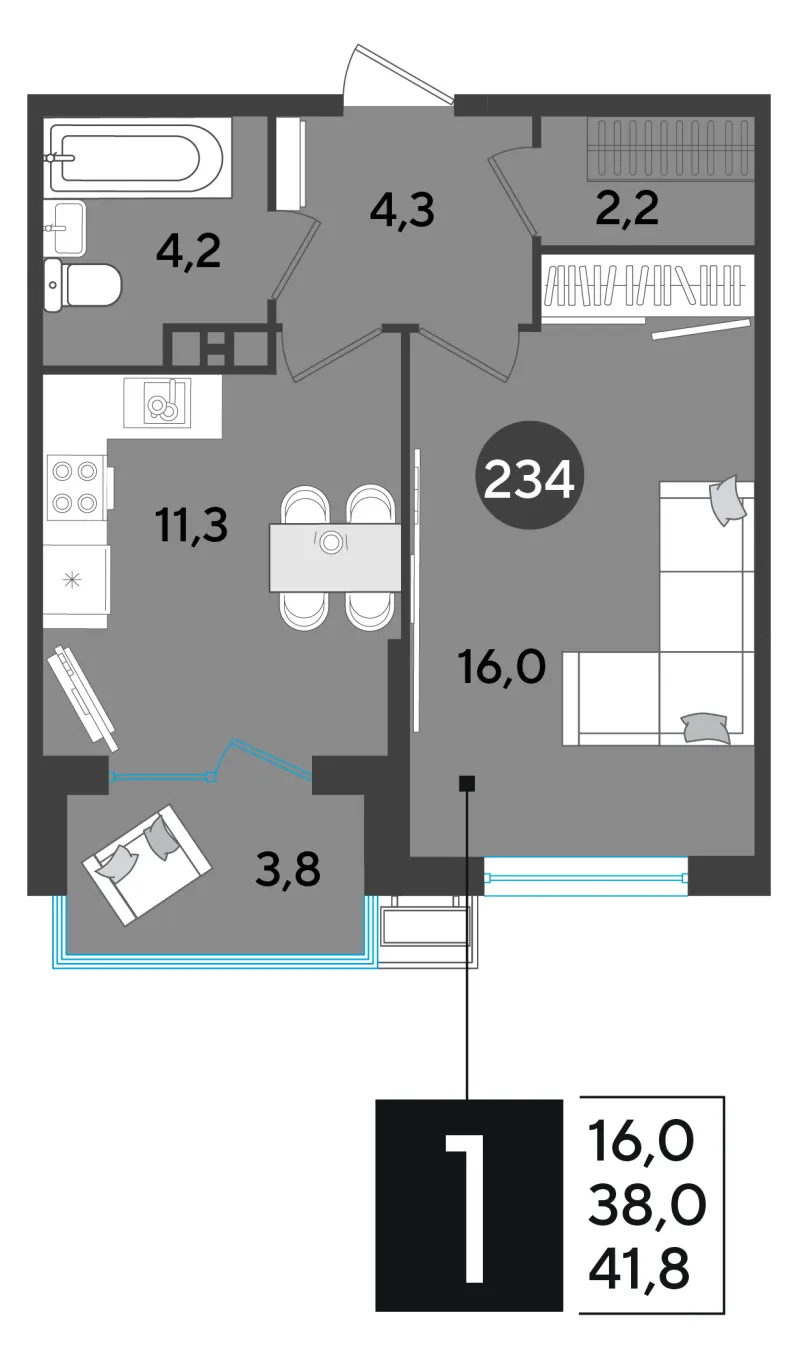 1-комн. 42 м²
