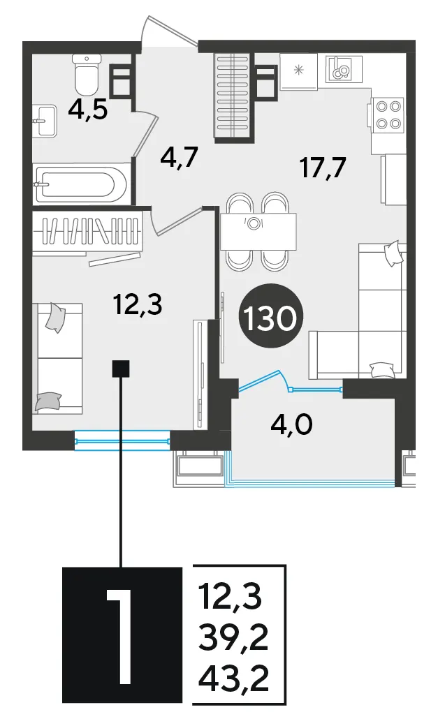 1-комн. 43.2 м²