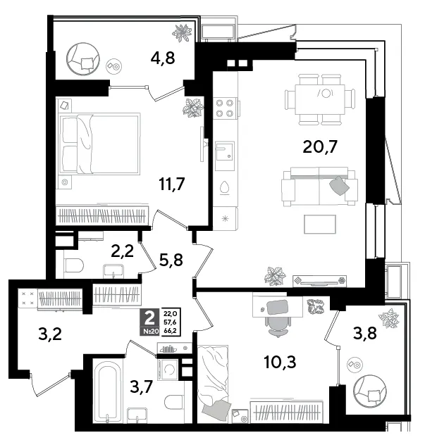 2-комн. 66.2 м²
