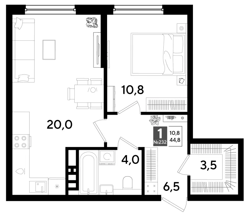 1-комн. 44.8 м²