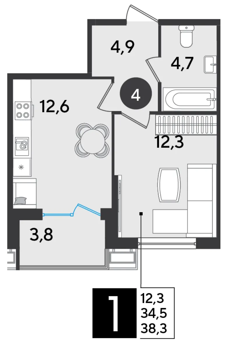 1-комн. 38.3 м²