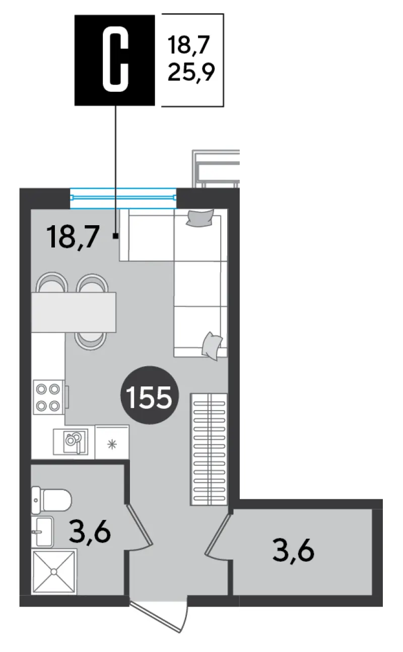 Студия 25.9 м²