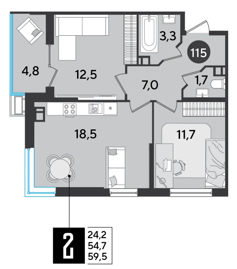 2-комн. 59.5 м²