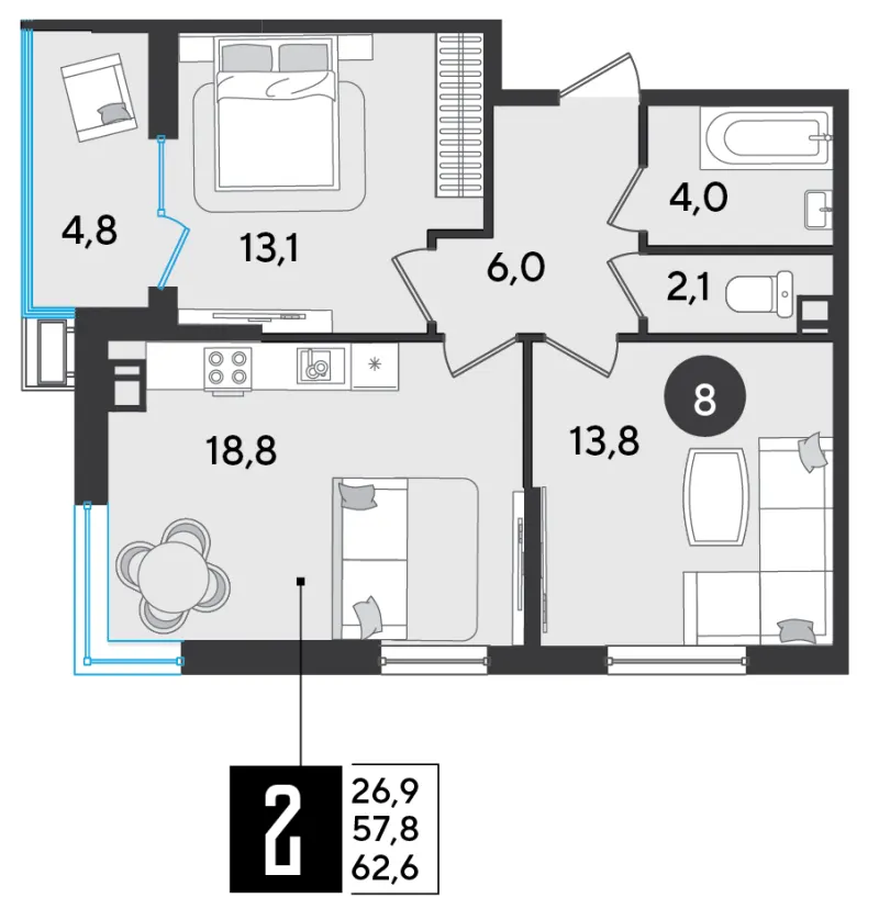 2-комн. 62.6 м²