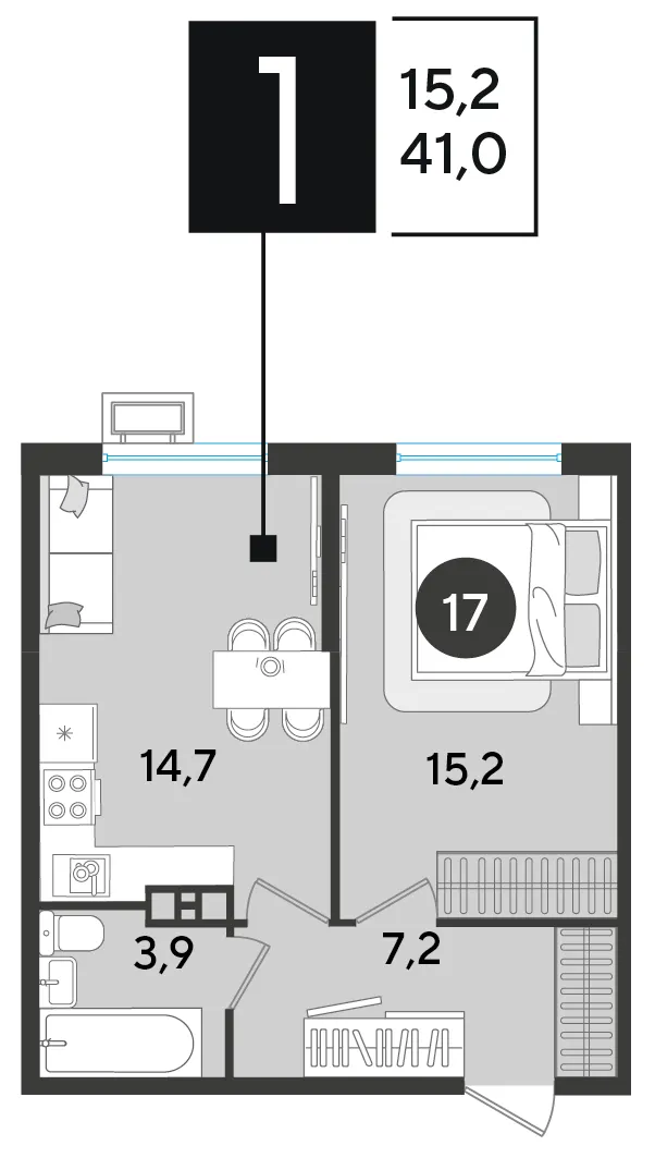 1-комн. 41 м²