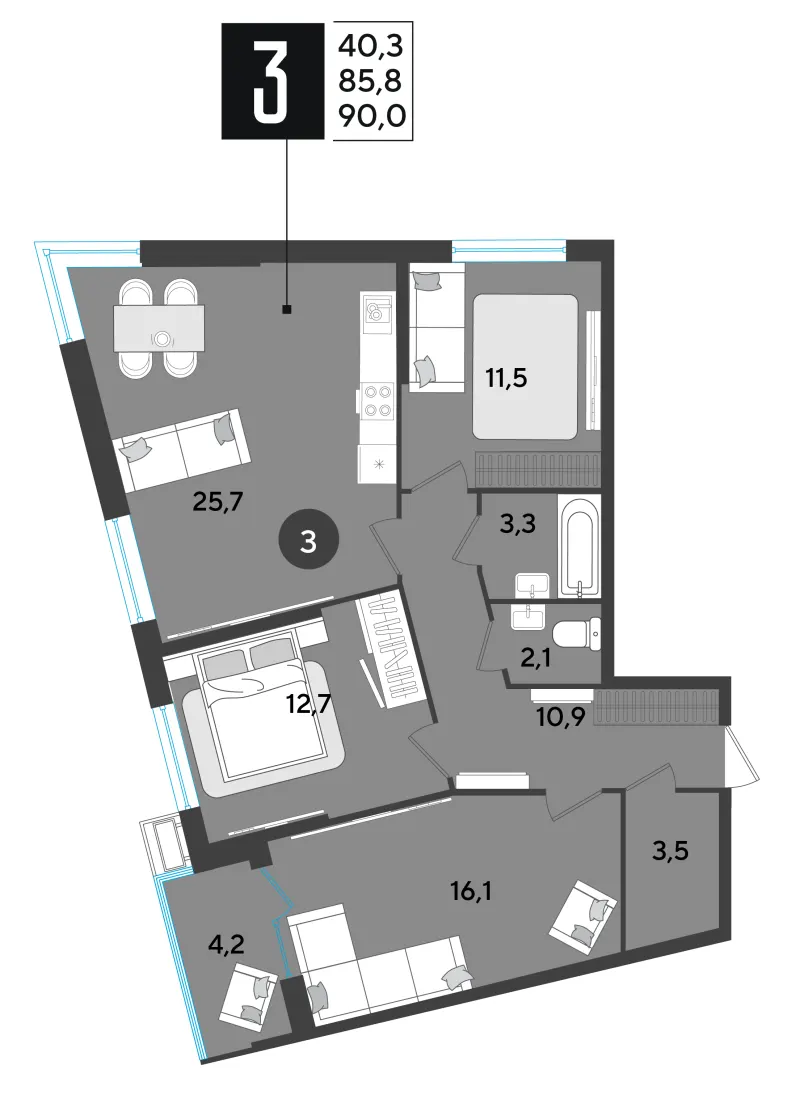 3-комн. 90.9 м²