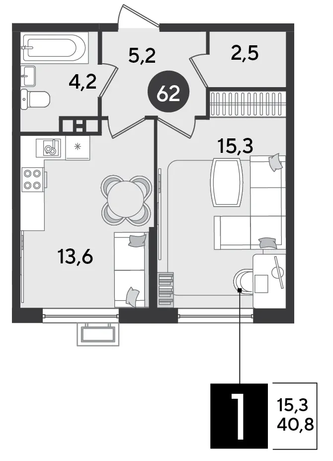 1-комн. 40.8 м²