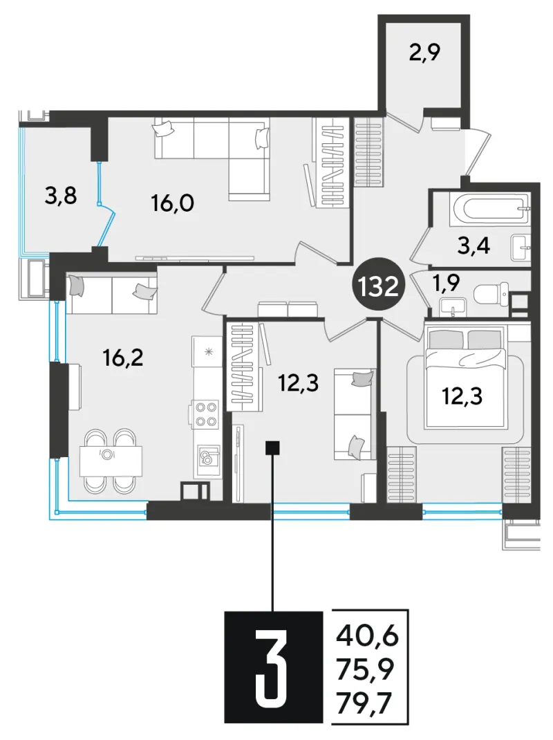 3-комн. 79.7 м²