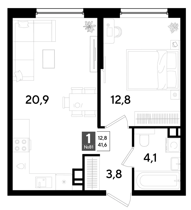 1-комн. 41.6 м²