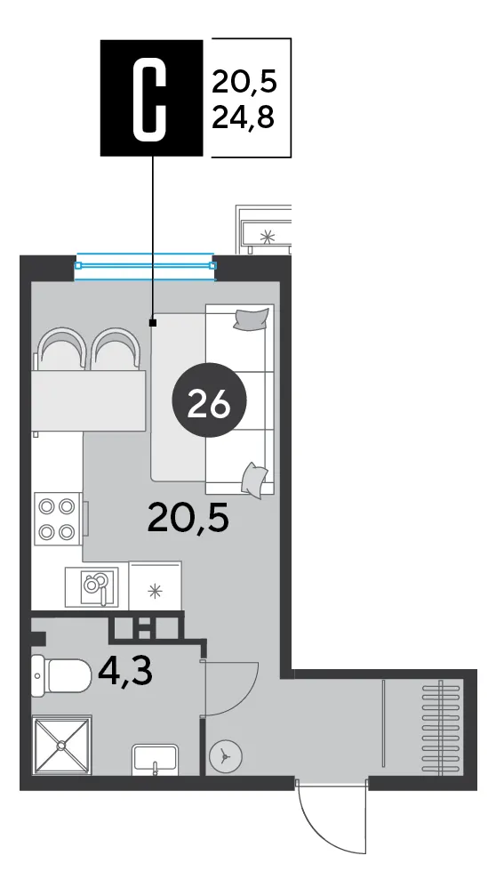Студия 24.8 м²