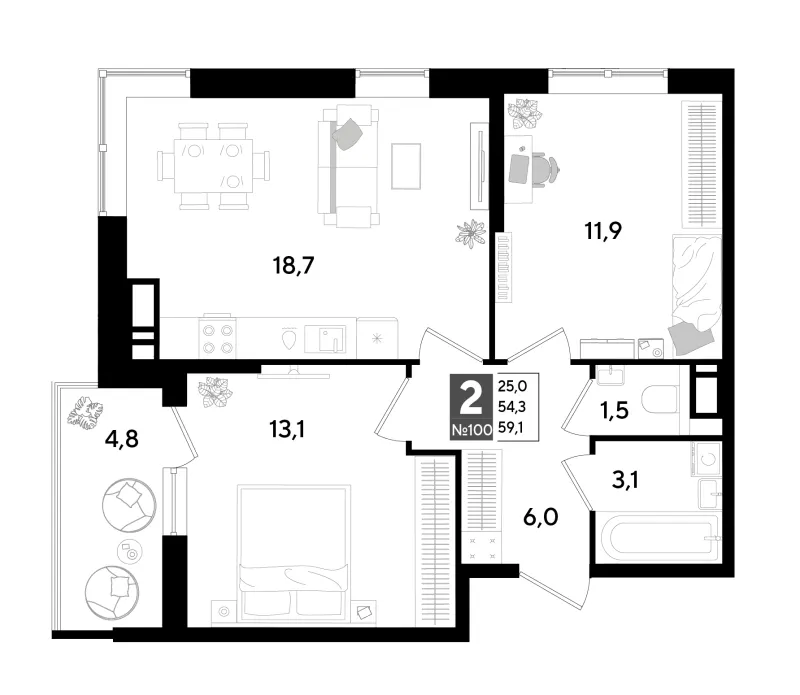 2-комн. 59.1 м²