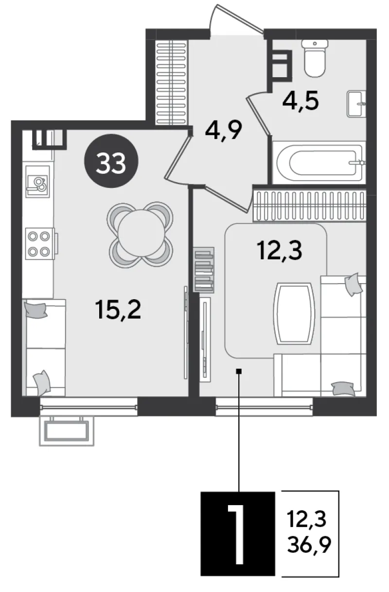 1-комн. 36.9 м²