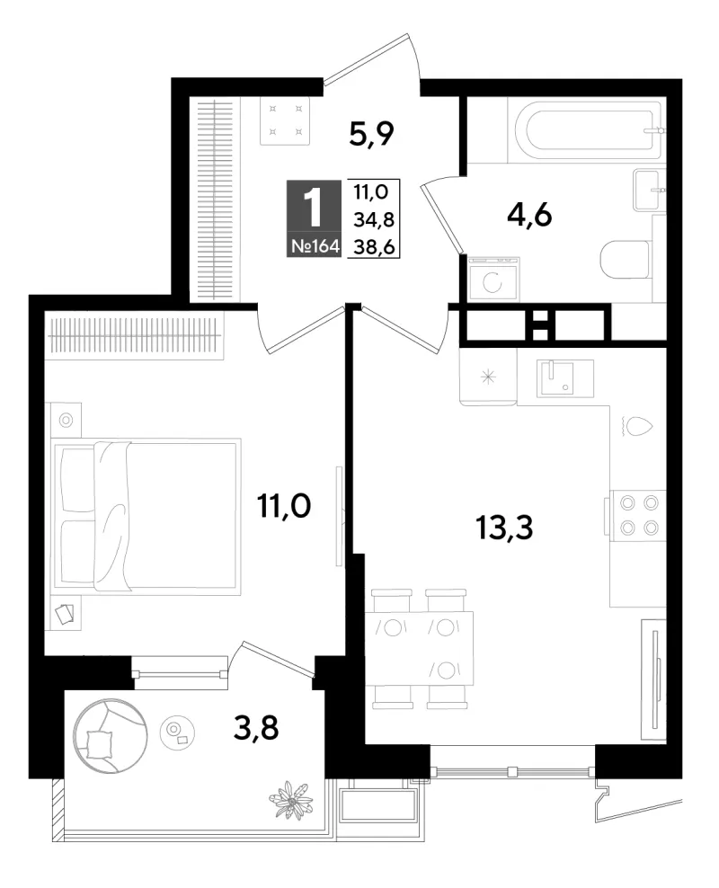 1-комн. 38.6 м²