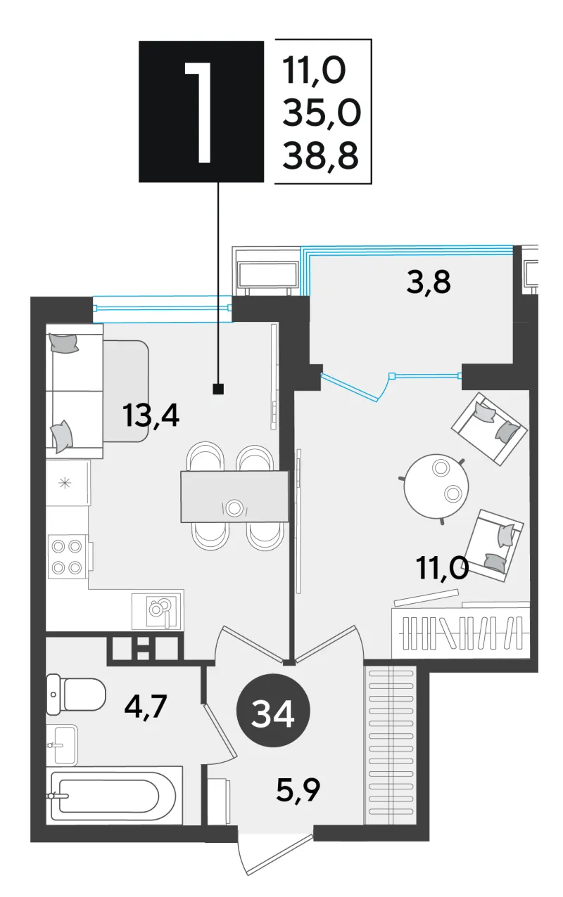 1-комн. 39 м²