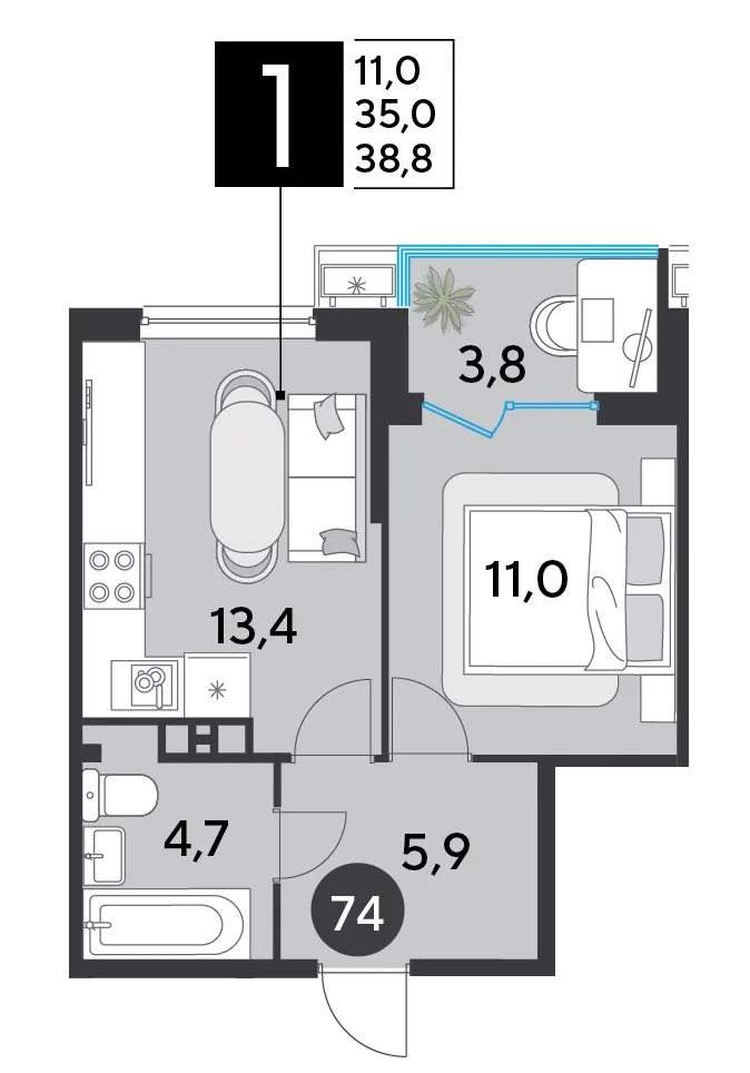 1-комн. 38.8 м²