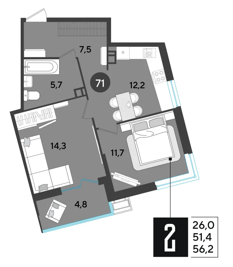2-комн. 56.6 м²