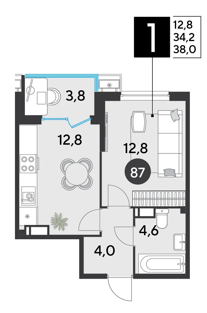 1-комн. 38 м²