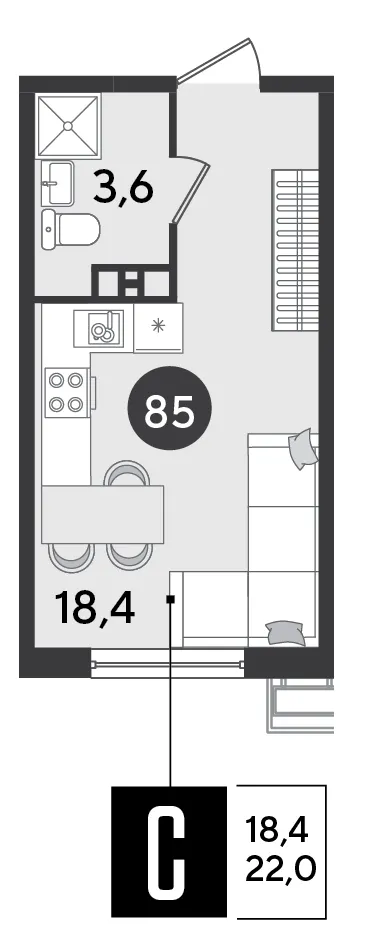 Студия 22 м²