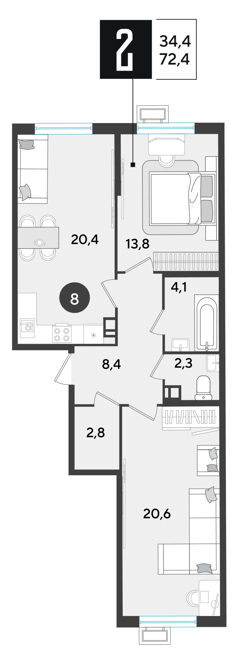 2-комн. 72.5 м²