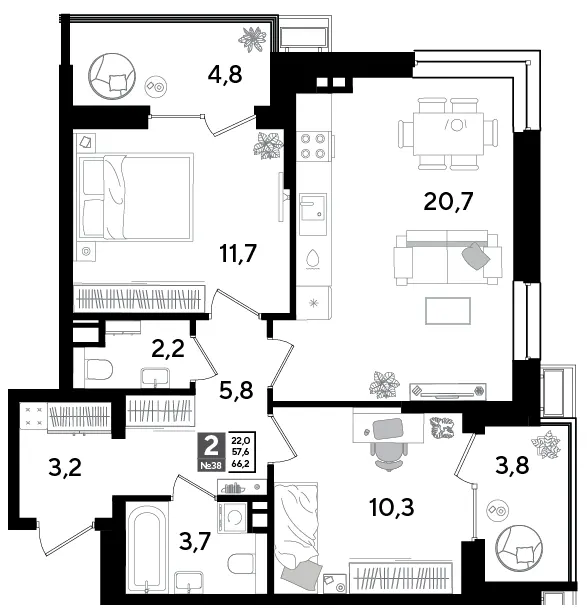 2-комн. 66.2 м²