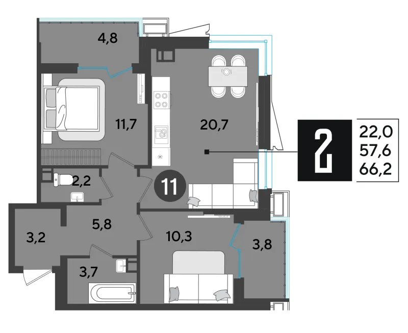 2-комн. 66.6 м²