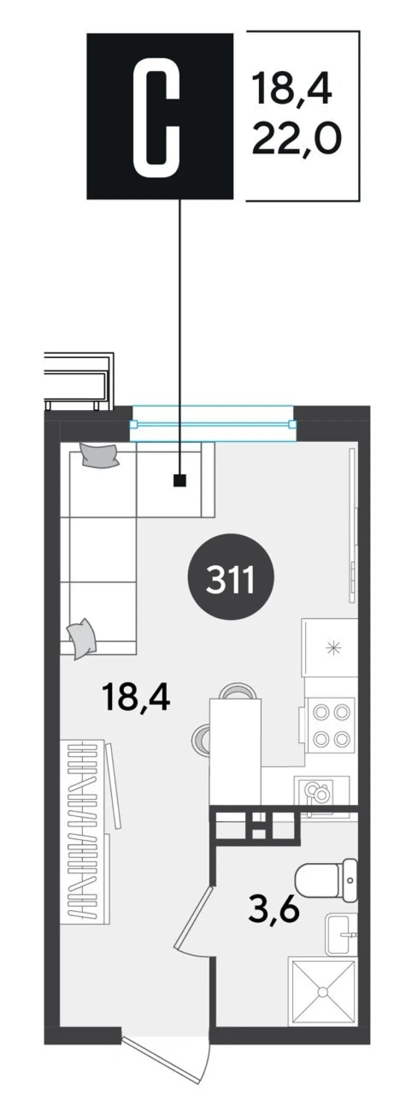 Студия 22 м²