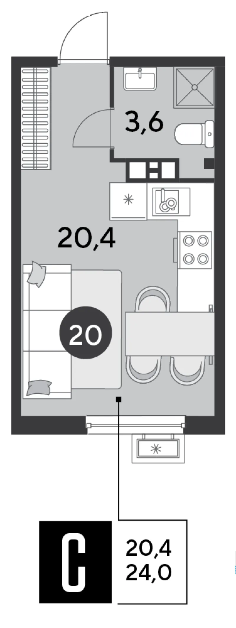 Студия 24 м²