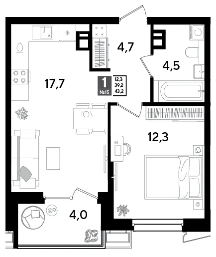 1-комн. 43.2 м²
