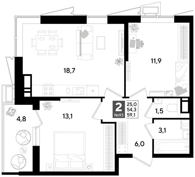 2-комн. 59.1 м²