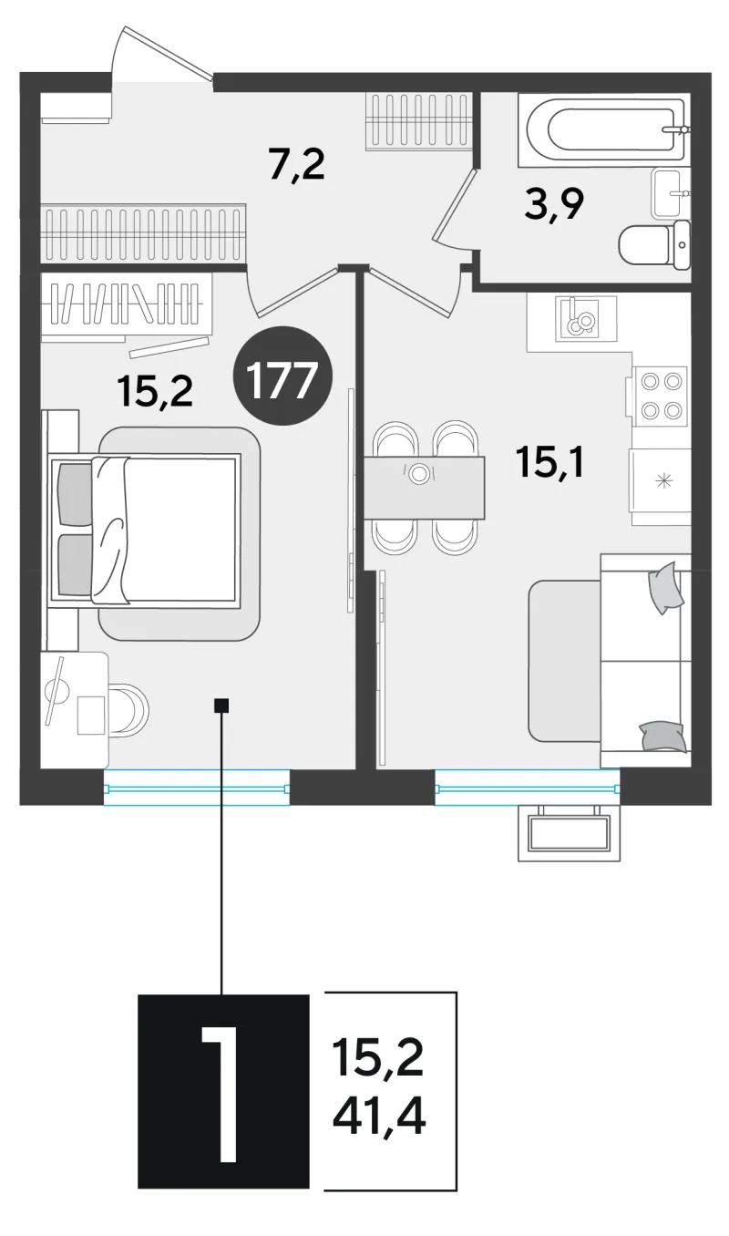 1-комн. 41.4 м²