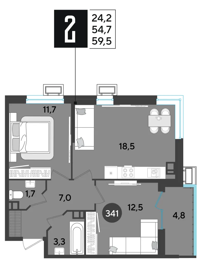 2-комн. 60 м²