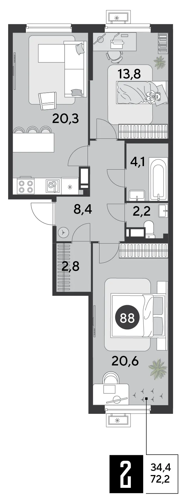2-комн. 72.2 м²
