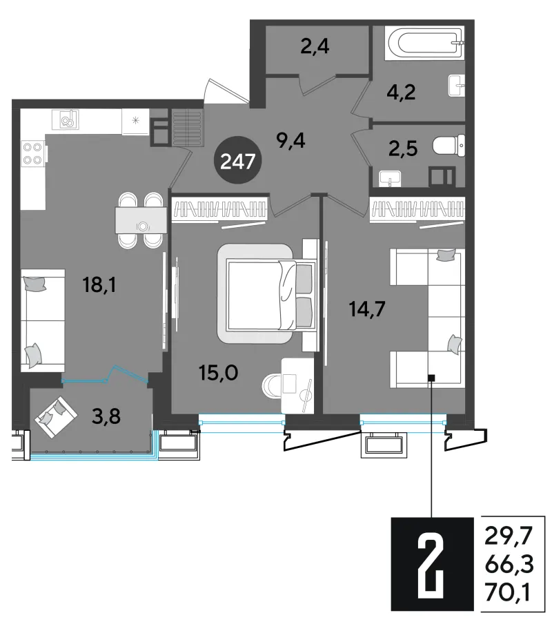 2-комн. 70.1 м²
