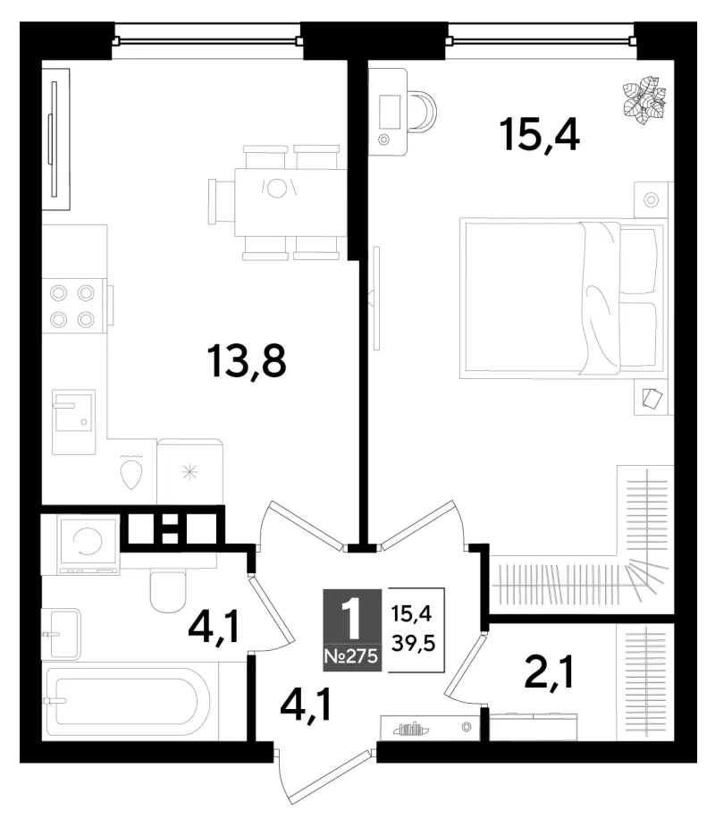 1-комн. 39.5 м²