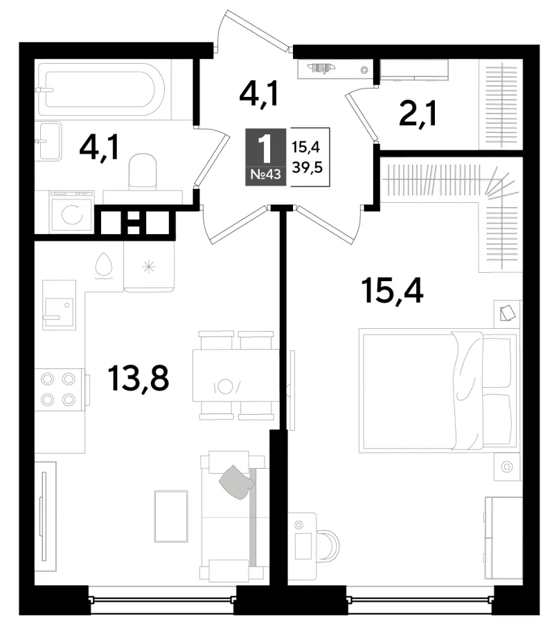1-комн. 39.5 м²