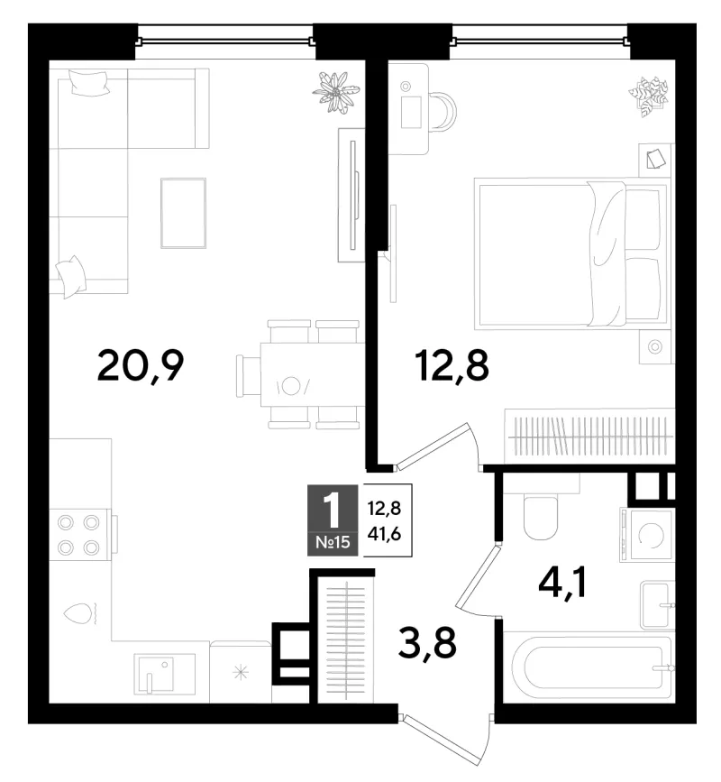 1-комн. 41.6 м²