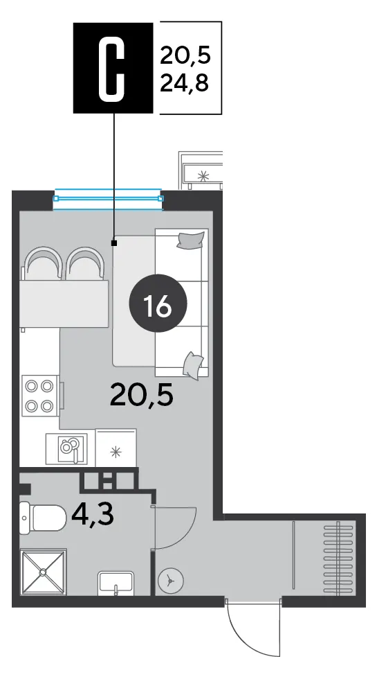 Студия 24.8 м²