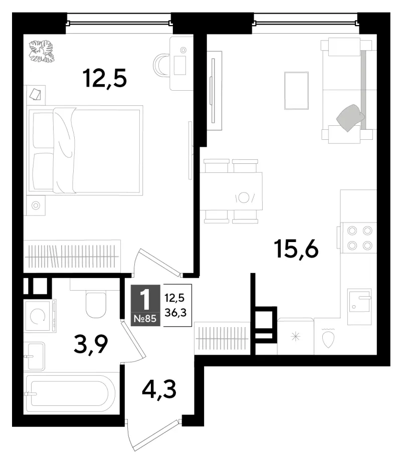 1-комн. 36.3 м²
