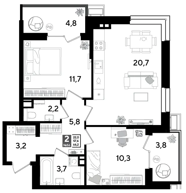 2-комн. 66.2 м²