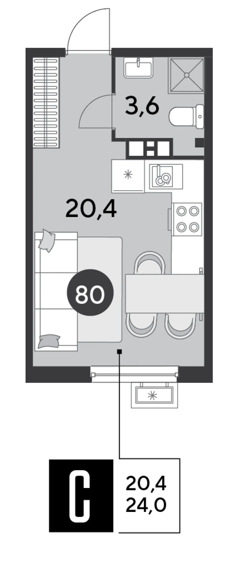 Студия 24 м²