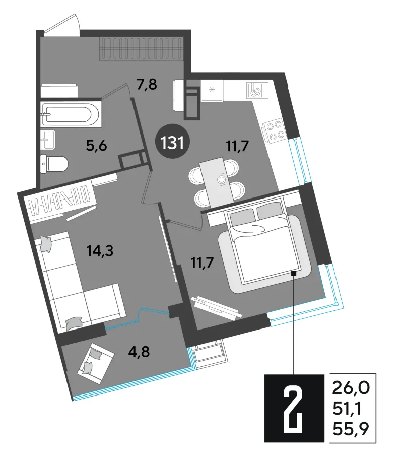 2-комн. 56.7 м²